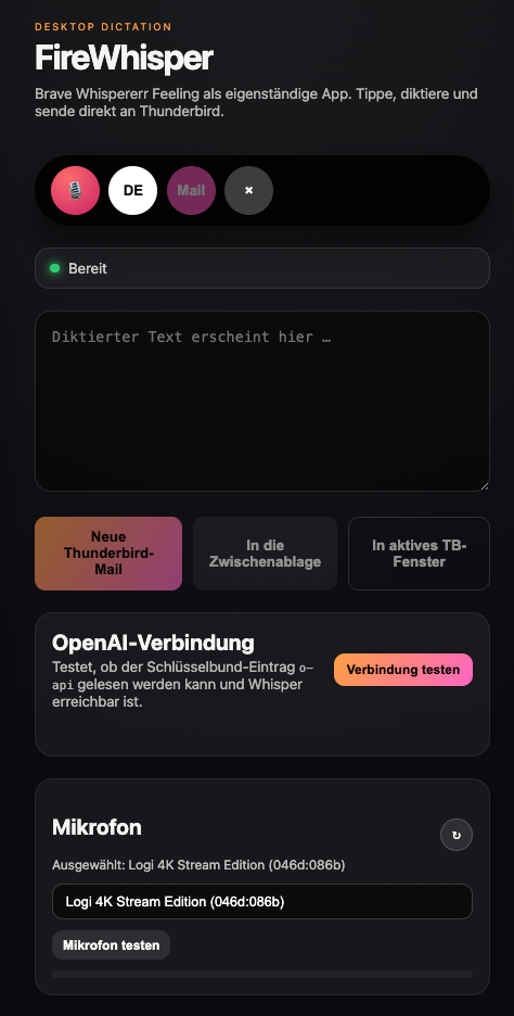 Screenshot der FireWhisper macOS-App